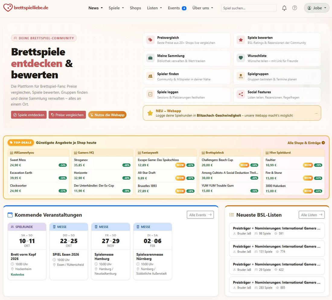 Startseite von brettspielliebe.de mit Preisvergleich, Top-Deals verschiedener Shops, kommenden Spielemessen und Bestenlisten.